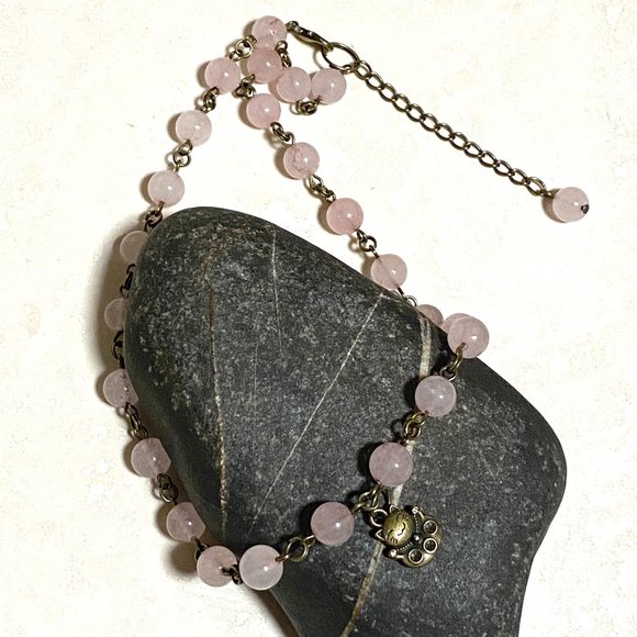 Natural Pink Rose Quartz Necklace, Bronze Fortune Cat + Genuine Gemstone Choker - Picture 4 of 14